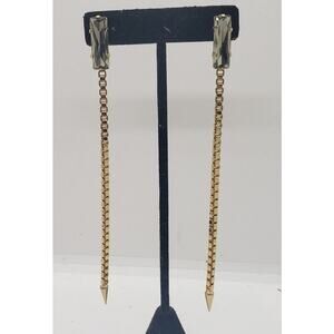 Gold Long Spike Box Chain Drop Earrings Smokey Topaz Crystal Stone Dangle